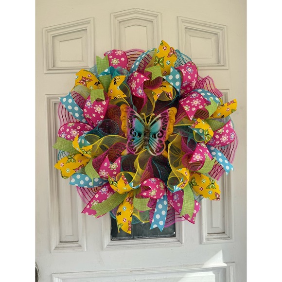 Butterfly Deco Mesh Ribbon Spring Summer Wreath Front Door Hanger Home Decor - Picture 1 of 7